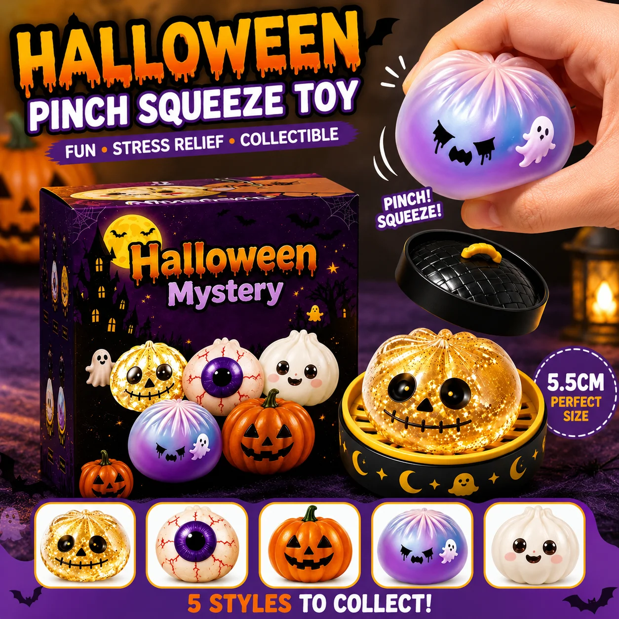 Neues 1-5-teiliges Halloween-Geister-Teigbällchen-Spielzeug mit Box, Quetsch-Dekompressions-Fidget-Spielzeug zur Stresslinderung, Geschenkbox-Set