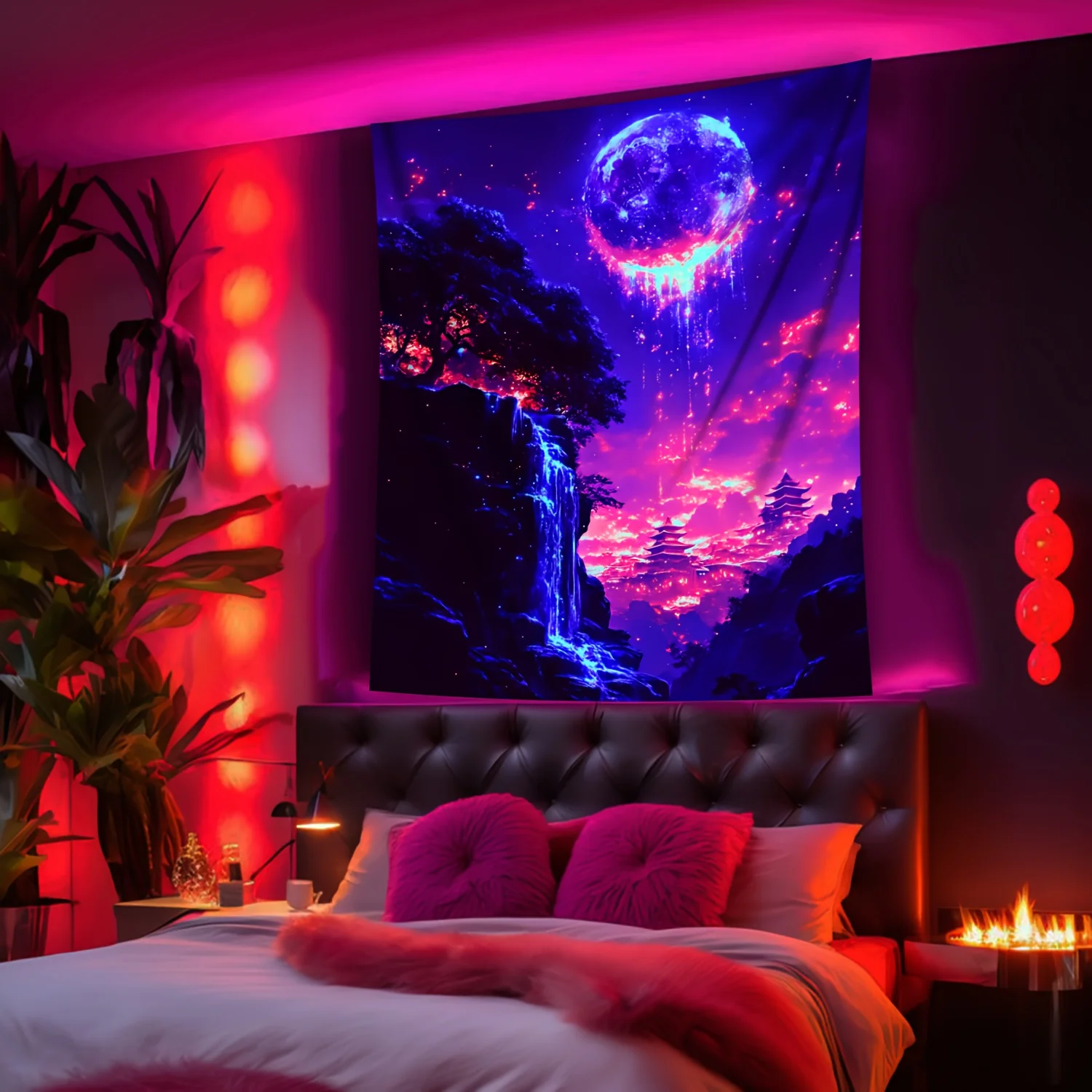 1pc Dreamy Moon Cliff Waterfall UV Black Light Tapestry, Large Size Peach Skin Fluorescent Tapestry, Bedroom Aesthetic Hanging T