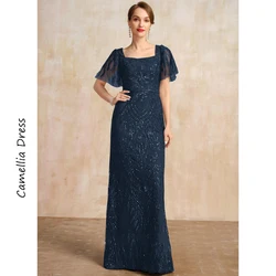 New Sheath Evening Square Neck Short Sleeve Dress Elegant And Pretty Women's Dresses Sequins Mother of the Bride Dresses Vestido