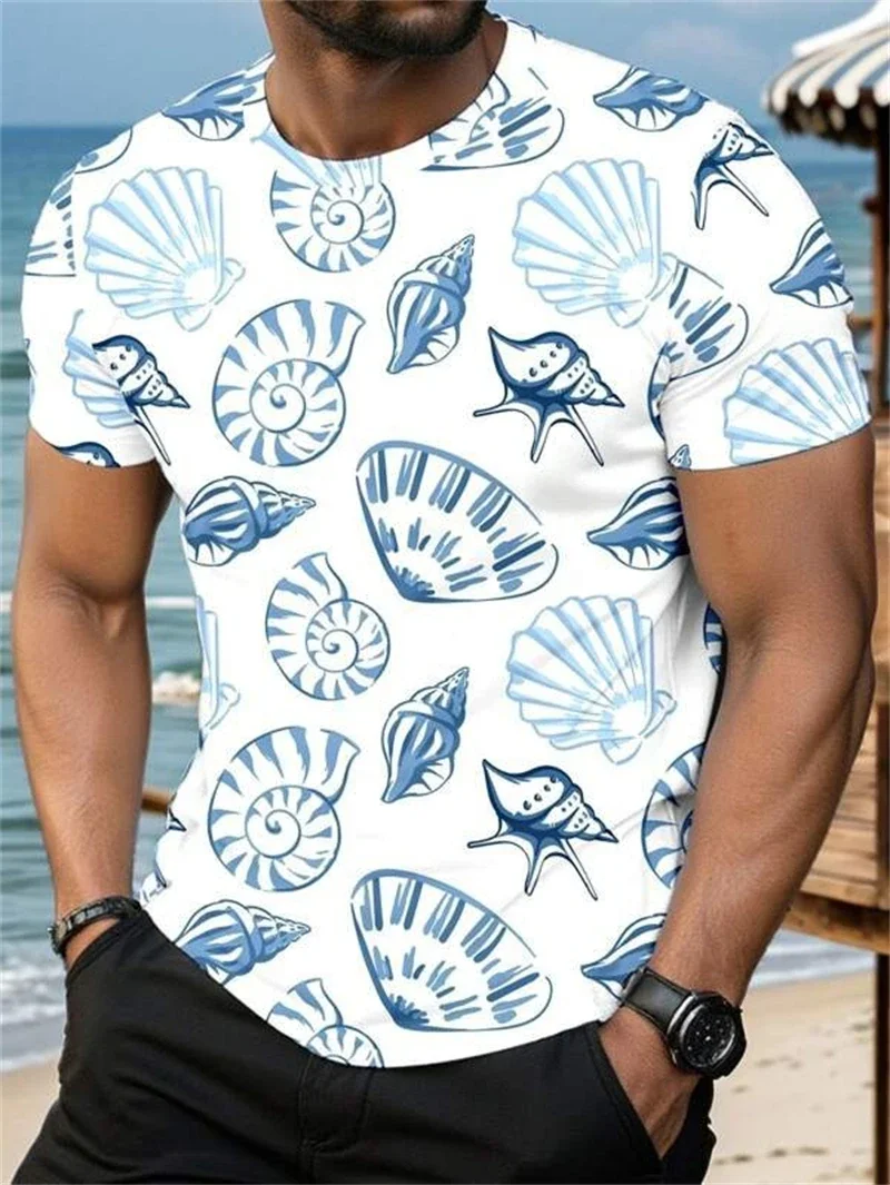 Herren-T-Shirt mit Muscheldruck, Strand- und Ozean-Motiv, Rundhalsausschnitt, Kurzarm, lässig, Sommer-Streetwear, atmungsaktiv