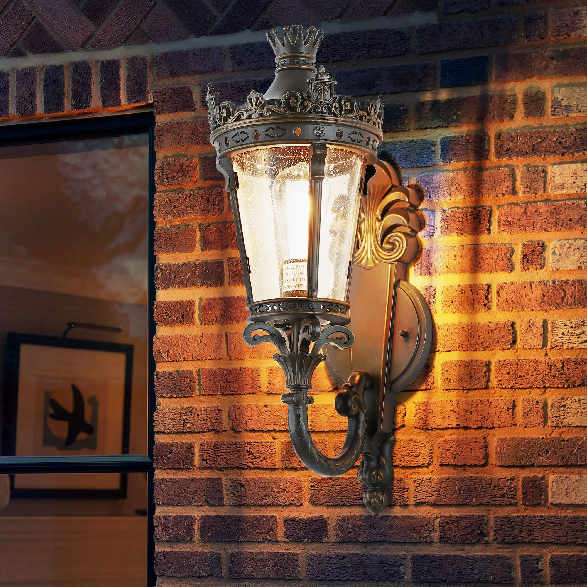 

Vintage 21\" H Outdoor Wall Lantern Waterproof Exterior Crown Top Clear Glass Sconce Decorative Outdoor Lighting