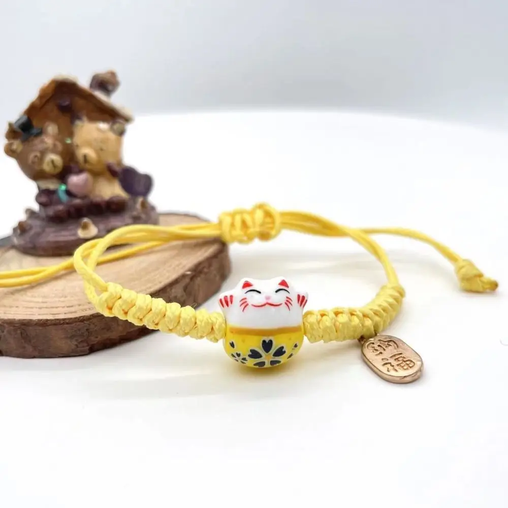 Ceramic Cat Pendant Maneki Neko Bracelet Hand Rope Handmade Red Braided Rope Jewelry Accessories Chinese Style Women Hand Ring