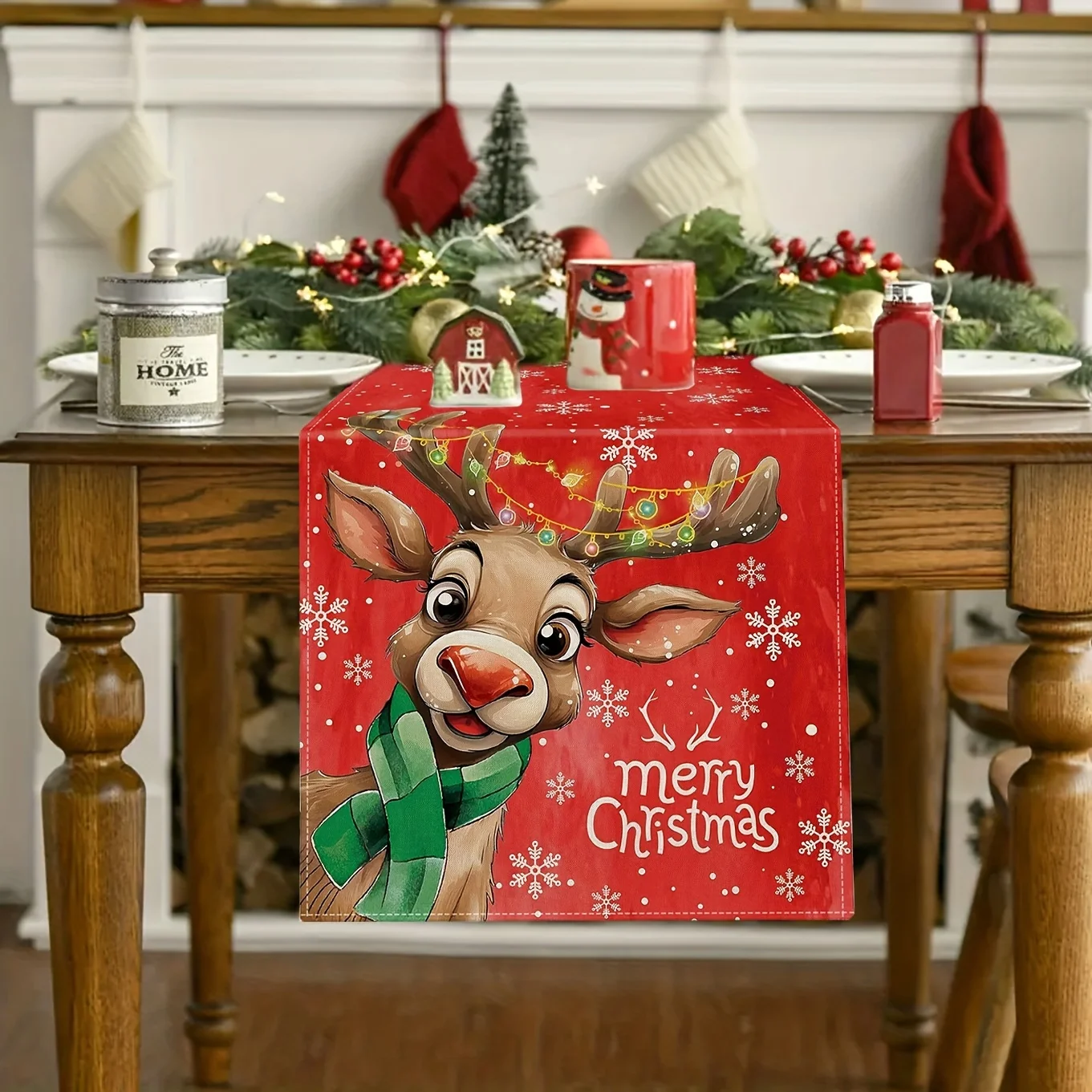 Christmas Elk Snowflake Pattern Linen Table Runners Dresser Scarf Decor Washable Kitchen Dining Table Runners Xmas Decorations