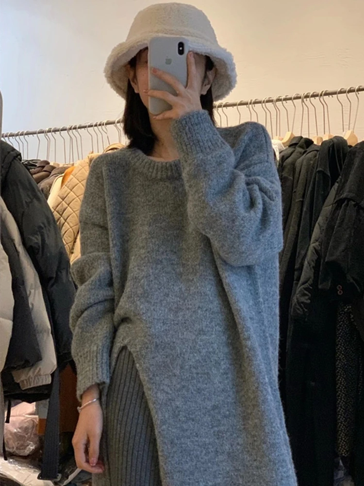 Women Dress Sweater Women Dress Thick Winter Fall Long Sleeve Knitted Dresses Maxi Vintage Oversize Knitting Turtleneck Black