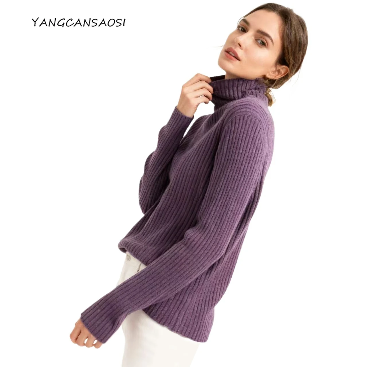 

Women's Autumn Fashion Clothing 100% Pure Wool High Collar Pit Stripe Long Sleeved Knitted Seamless One-piece Base Sweater