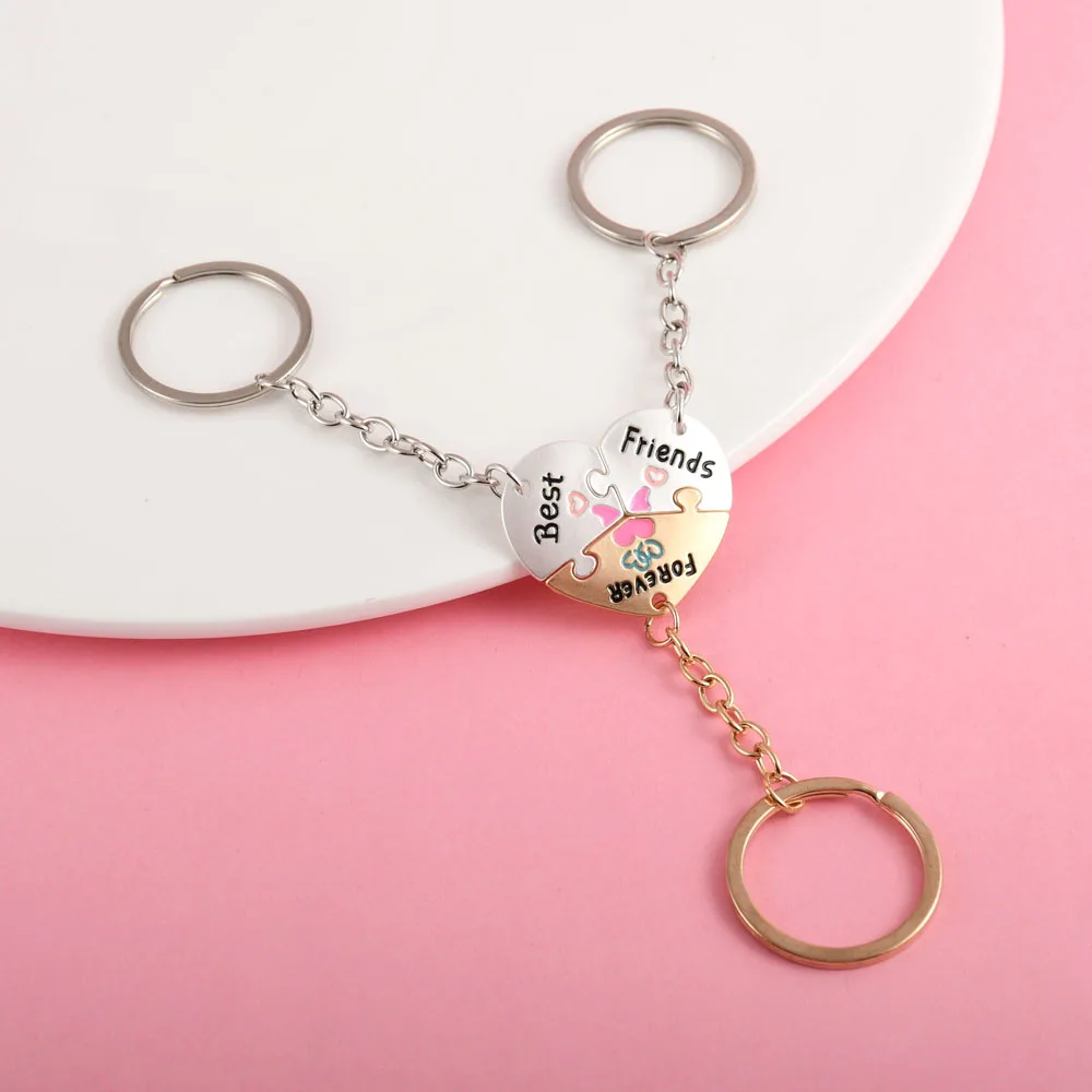 Elviragirl 3Pcs/set Cute Heart-shaped Stitching Best Friend Forever Key Chain BFF Friendship Jewelry Gifts for Girls