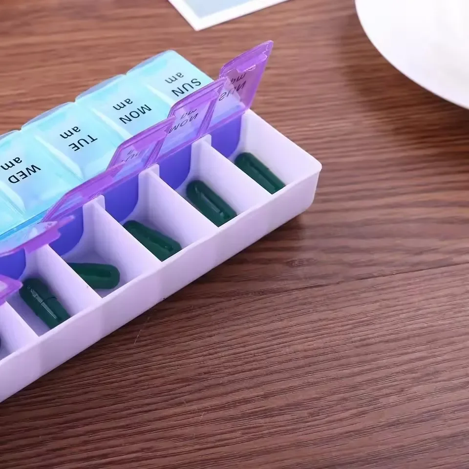 Pillendose 7-Tage-Wochen-Medikamenten-Aufbewahrungsbox Doppelreihig 14-Fächer-Tablettenspender Organizer mit Öffnungsdeckel Erste-Hilfe-Set-Behälter – Detail 2