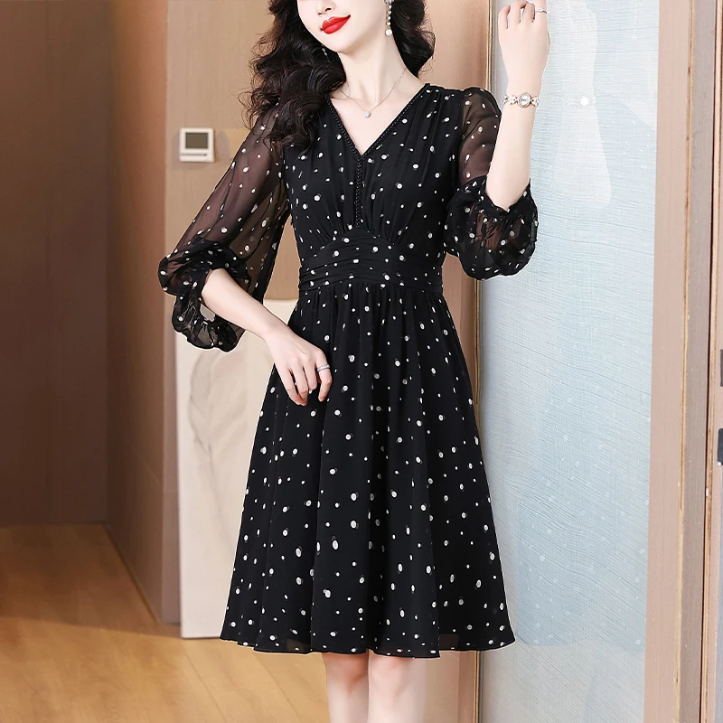 2025 여름 비치 플로럴 실크 미디 드레스 여성 빈티지 보헤미안 블랙 도트 패션 캐주얼 라이트 프롬 우아한 럭셔리 페스티벌 베스티도스