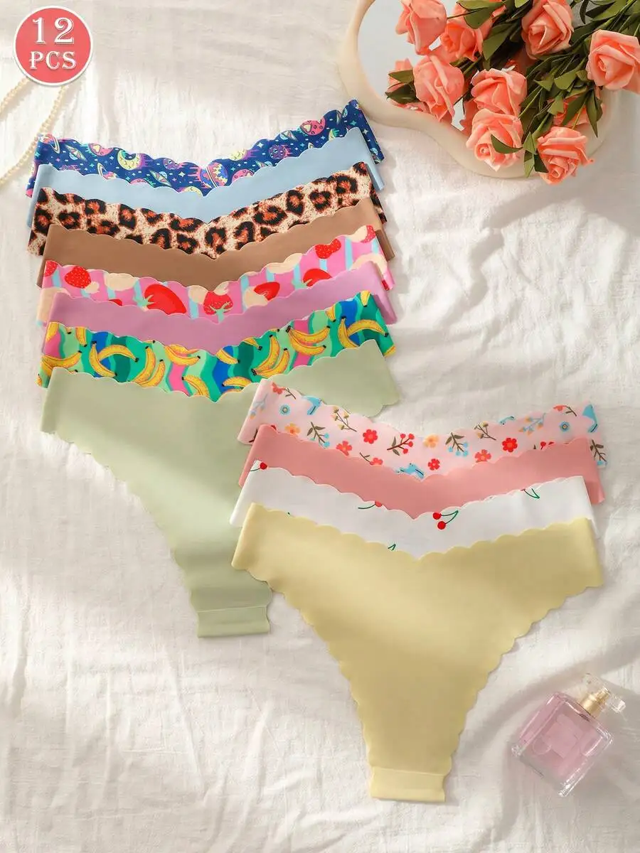 

12pcs Women Scalloped Seamless Hipster Briefs Breathable Stretchy Printed Panties Daily Wear