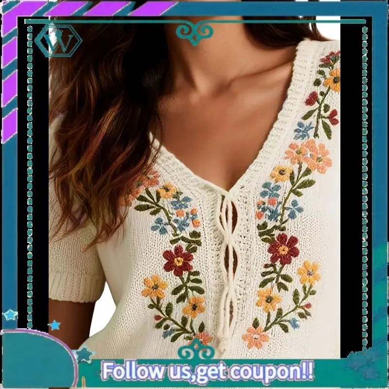 

A09P свитер с короткими рукавами для женщин, топ с мексиканской вышивкой в стиле ретро, летняя блузка с галстуком спереди и v-образным вырезом в стиле бохо, крестьянская блузка