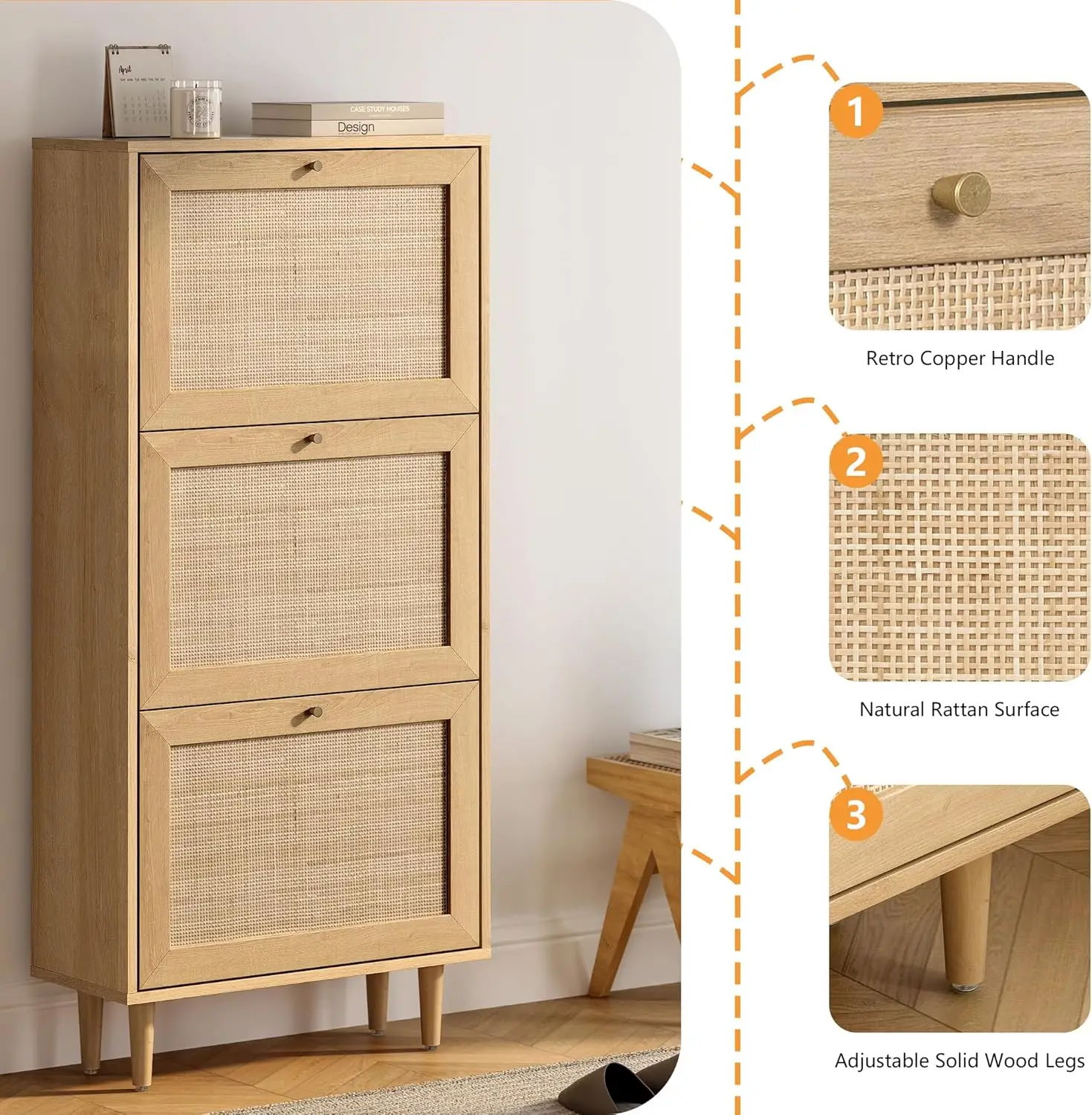 狭い靴キャビネット 3 つのフリップ引き出し付き 隠し自立靴ラック 天然籐のドア付き 木製靴収納キャビネット