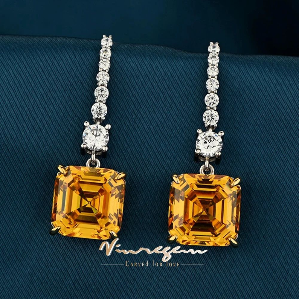 

Vinregem 12*12MM Asscher Cut Citrine Gemstone Drop Dangle Earrings for Women 100% 925 Sterling Silver Wedding Fine Jewelry Gifts