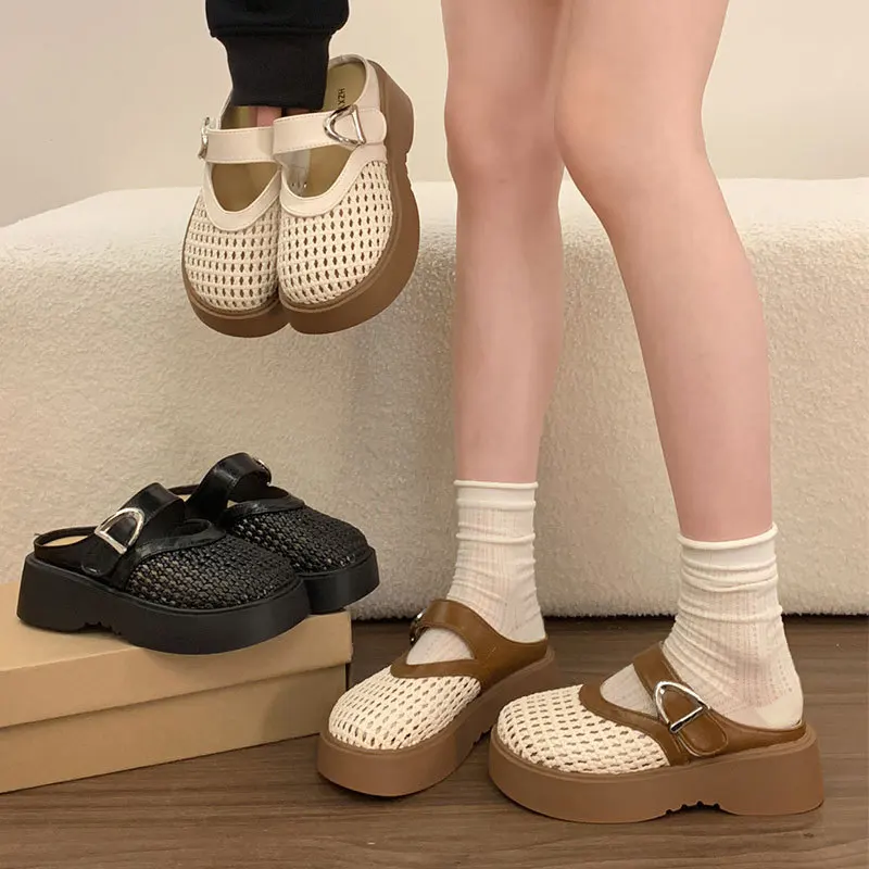 Fishnet Toe Cap Mules Women 2026 Summer Thick Sole Breathable Slip On Lazy Half Slippers Casual Outdoor