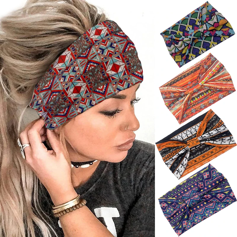 

Boho Wide Headbands Stretch Turban Knotted Hairbands Elastic Yoga Workout Sweatband Running Sport Head Scarf African Head Wraps