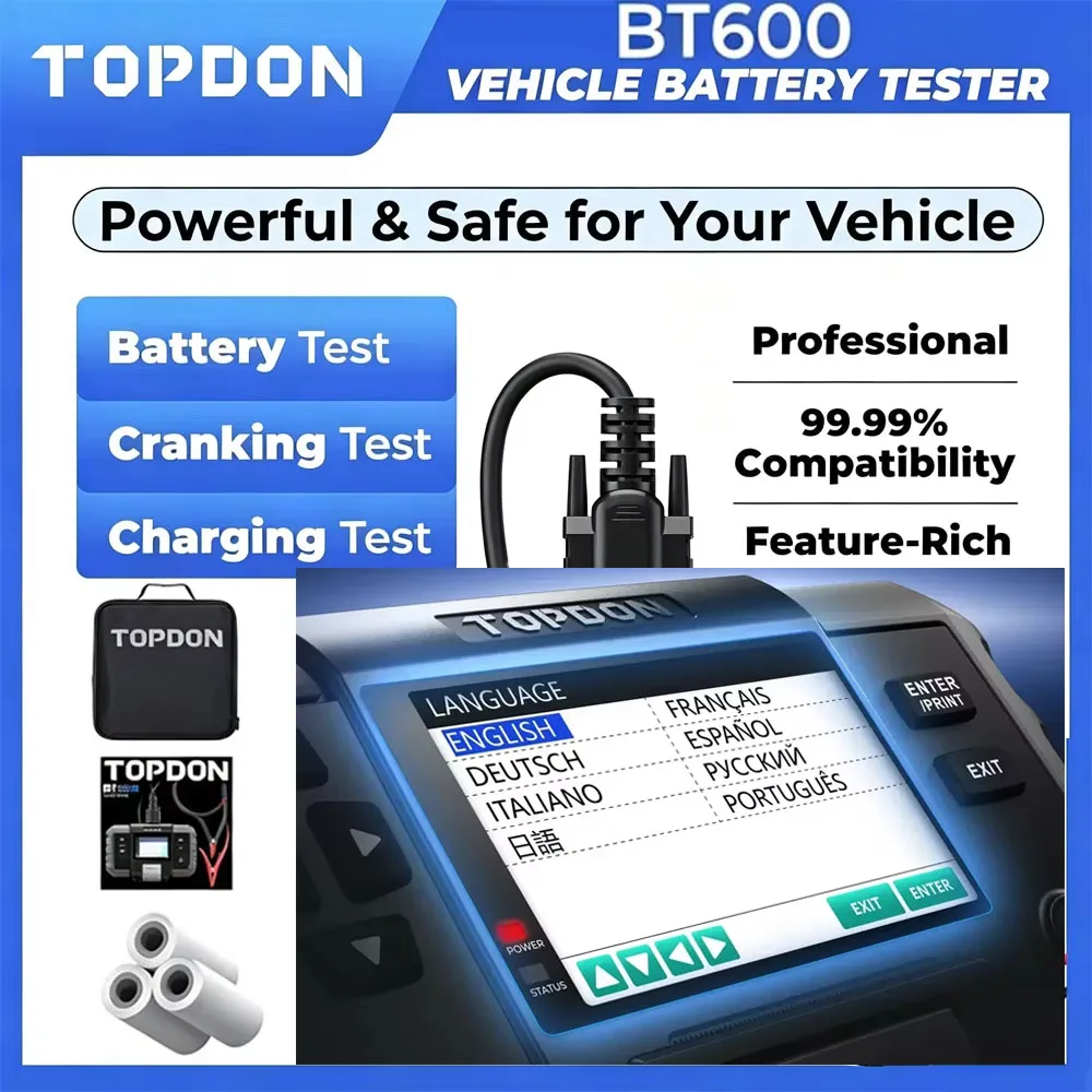 TOPDON BT600 Car Battery Tester 12V 24V Car Truck Charging Cranking Analyzer with Bulit-In Thermal Printer Lead Acid Car Tool