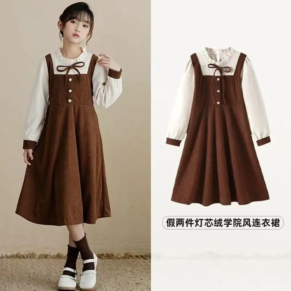 

Autumn 2026 New College Style Coffee Colored Casual Lace Long Sleeved Bow Dress for Girls and Teenagers Aged 5-15 Korean Version