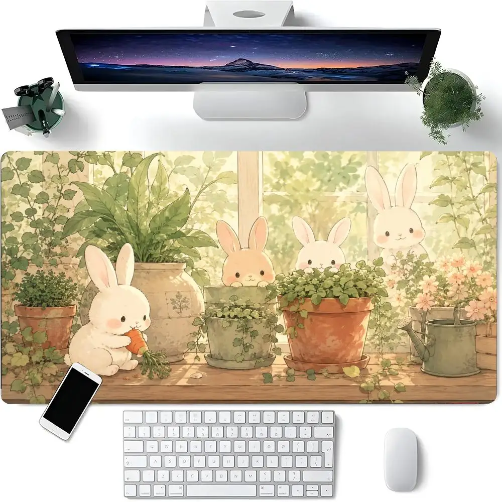 Kawaii Rabbits Eating Carrot Green Plant Flower Pot Pastel Window Scene Large Gaming Mouse Pad Wear Resistant Desktop Pad