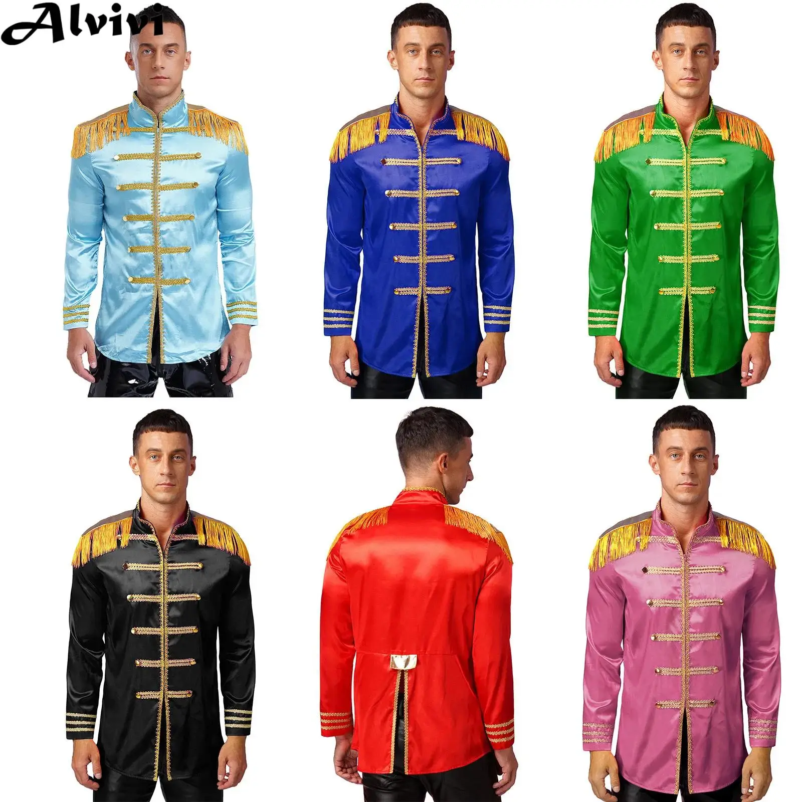 

Мужской атласный жакет на молнии с длинным рукавом, в стиле хиппи, для Хэллоуина, карнавала, костюм для косплея в стиле 1960-х годов, с изображением сержанта Пеппера, средневековый цирковой костюм