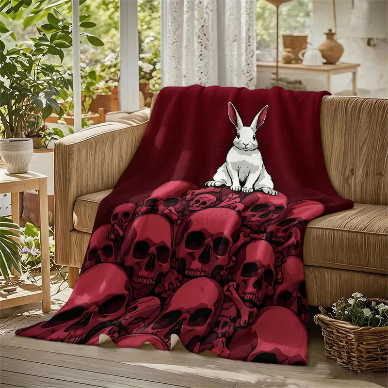 Skull Pile White Rabbit Flannel Blanket Perfect for Sofa Office Bed Travel Sleep Read Relax Camping Four Season Use