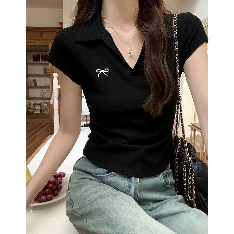Casual OL Korean Fashion T-shirts Women Tops Vintage Slim Kpop Tees Polo Shirts Y2K Cute Pink Sexy Cheap Clothes Woman Tshirt