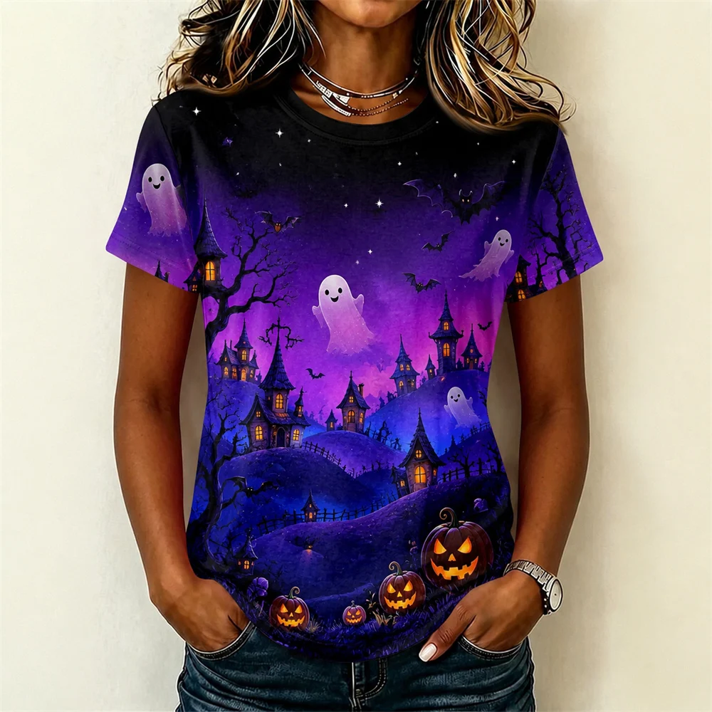 Halloween T-shirt Men Women Spooky Witch House Graveyard Full Moon Pumpkin Graphic Print Purple Black Short Sleeve Horror Tee