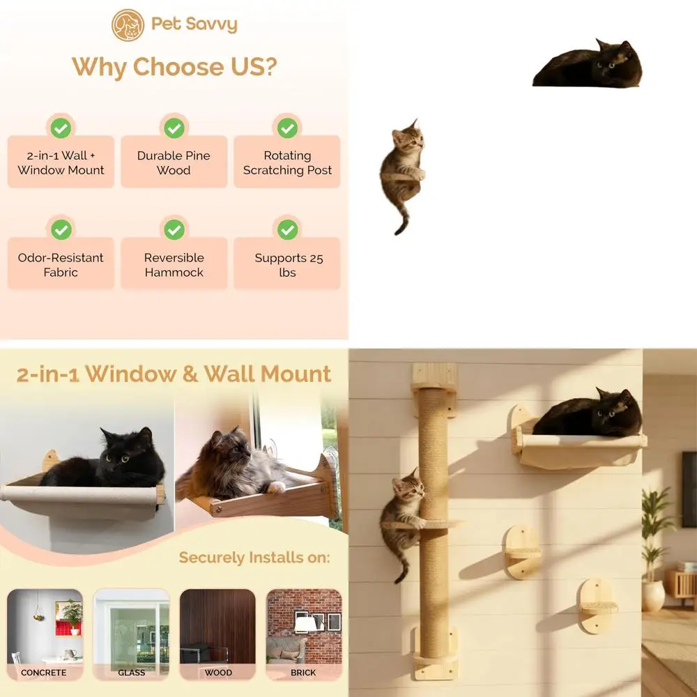 

4-in-1 Wall-Mounted Cat Shelf: Hammock, Scratcher, Perch for Windows - Holds 25 lbs, Modern Wood Design