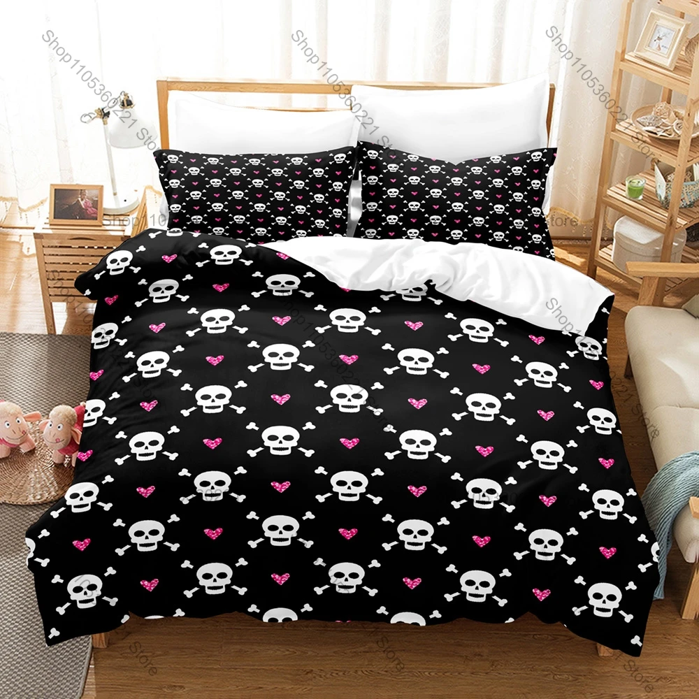 Gothic Roses and Skulls Bedding Set Vintage Dark Floral Skull Pattern 3 Pieces Bed Set Home Dorm Room Decoration