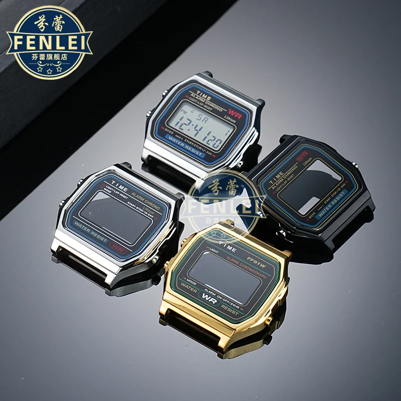 الذهب معدن حزام (استيك) ساعة الحال بالنسبة ساعة كاسيو سوار مربع صغير A158 A159 F-91 الرجال تعديل الفولاذ المقاوم للصدأ ساعة + حزام