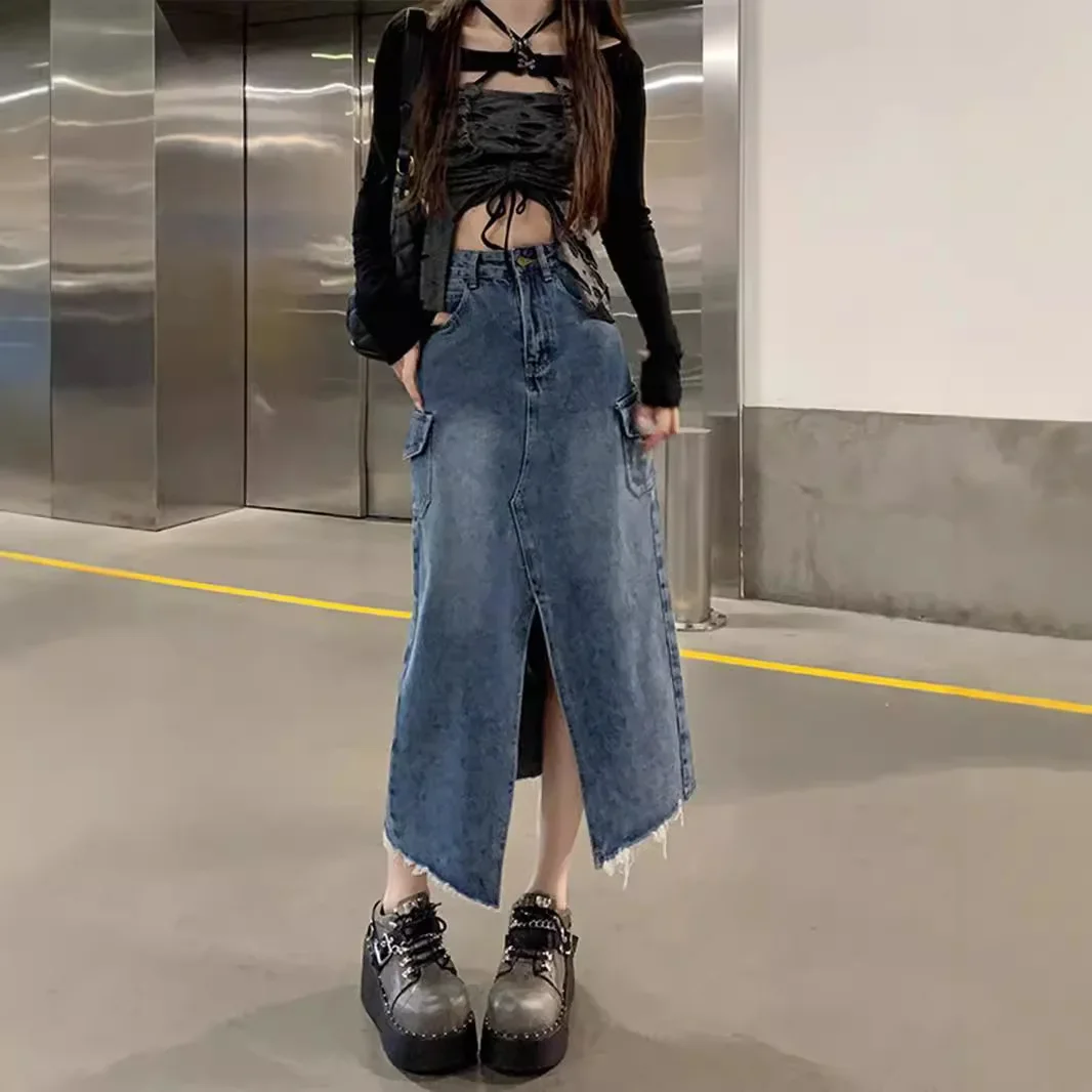 High waist split denim skirt women's spring and summer large size fat mm small medium and long thin a word hip skirt