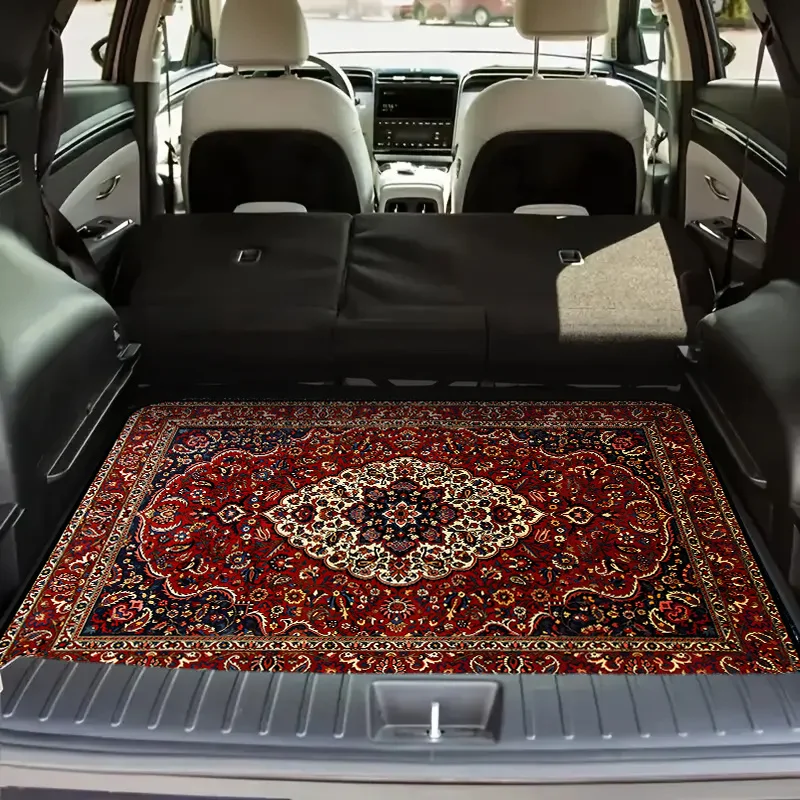 1 Stück Polyester-Faser Universelle Vintage Auto-Kofferraummatte für Alle Modelle, mit Roter Retro-Auto-Dekoration, Vielseitige Teppich-Dekoration – Detail 1