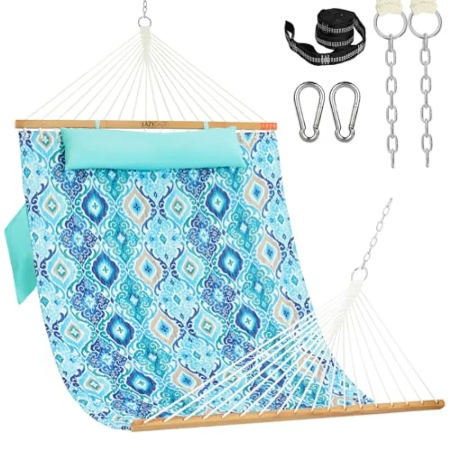 Outdoor double hammock with quilted floral aqua fabric, hardwood spreader bar, pillow tree straps included, 450 lbs capacity fo