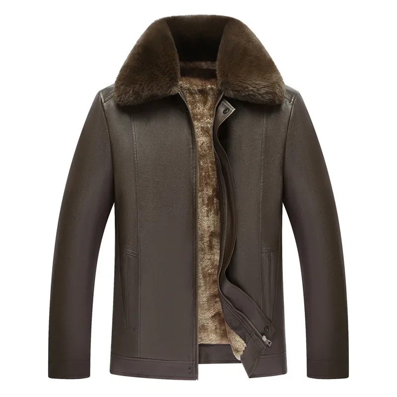 

Winter Leather Jacket Fleece Thickened Leather Jacket Middle-aged and Elderly Lapel Collar Jacket Loose Warm Dad Outfit New