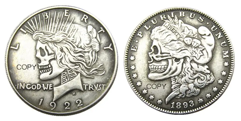 US Head-To-Head Two Face 1893/1922 Morgan Dollar and Peace Dollar skull zombie skeleton Silver Plated Copy Coins