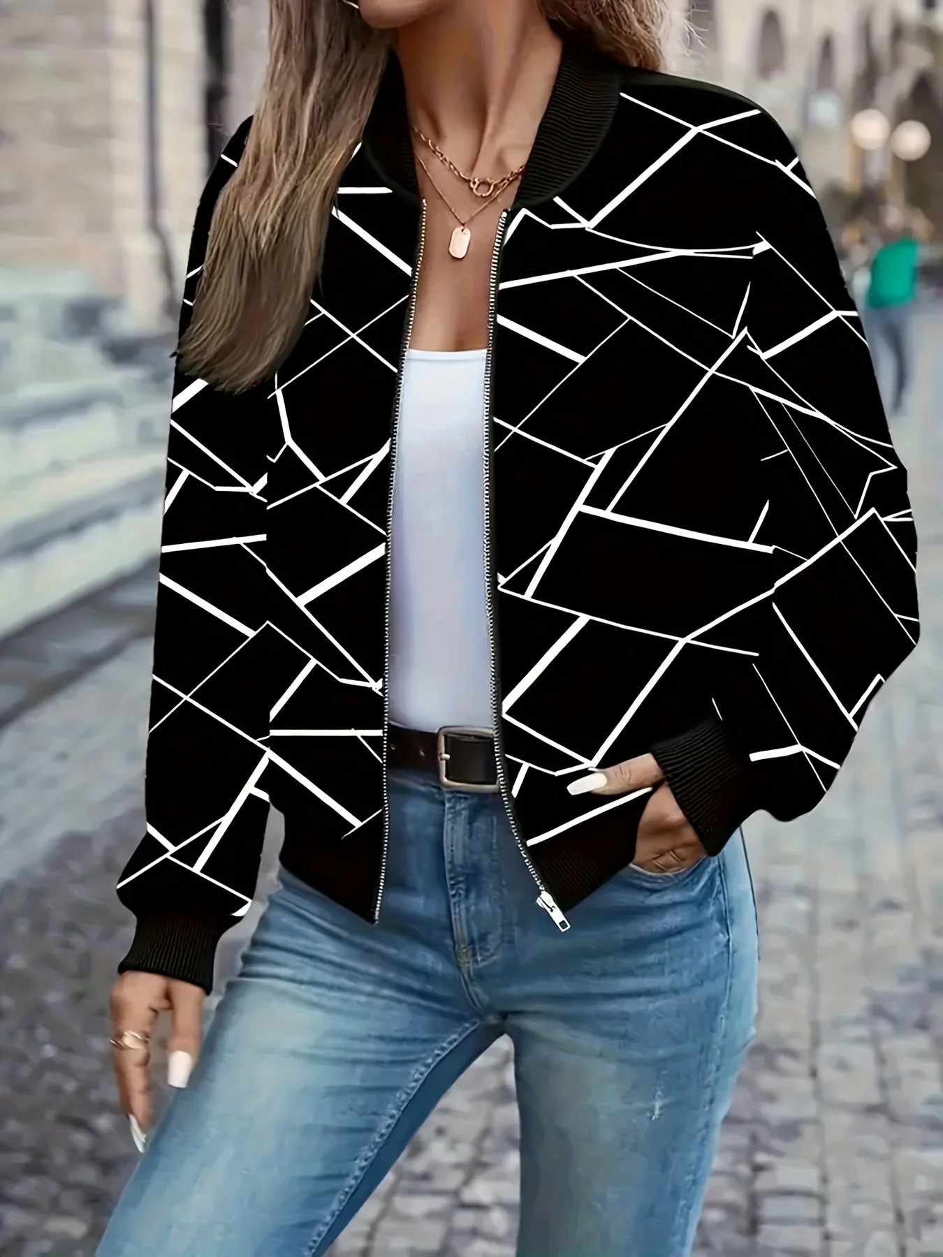 سترة بيسبول نسائية هندسية، تصميم طباعة كاجوال، ملابس ترفيهية للربيع والخريف، معاطف ملابس خارجية أنيقة للنساء #3