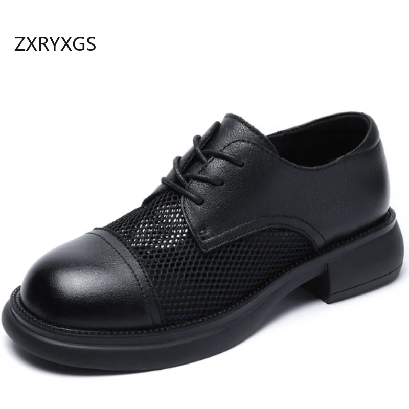 zxryxgs-british-style-premium-mesh-cowhide-breathable-shoes-sandals-2025-cross-straps-round-toe-elegant-trendy-women-sandal-shoe