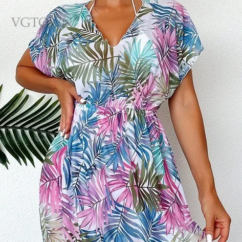 2026년 신상 플러스 사이즈 여름 패션 섹시 프린트 브이넥 루즈핏 대형 비치 드레스 비키니 수영복 커버업 여성용