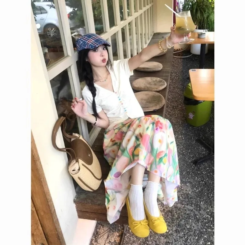 Floral Cake Hawaiian Skirt Oil Painting Style Spring and Summer A-line Skirt Tulle Skirt Korean Streetwear Y2k Long Skirts Women