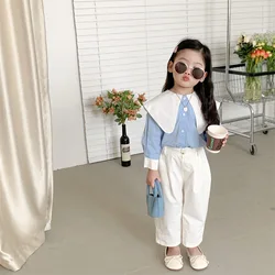 Shirt Top Cute Sweet Spring Autumn New Korean Girl Contrast Color Lapel College Long Sleeve Leisure Active