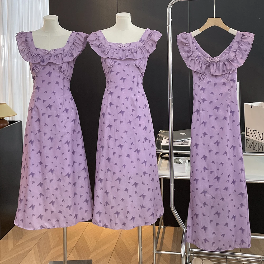 

French style small flying sleeves purple butterfly dress for women 2024 summer French style temperament long dress sweet