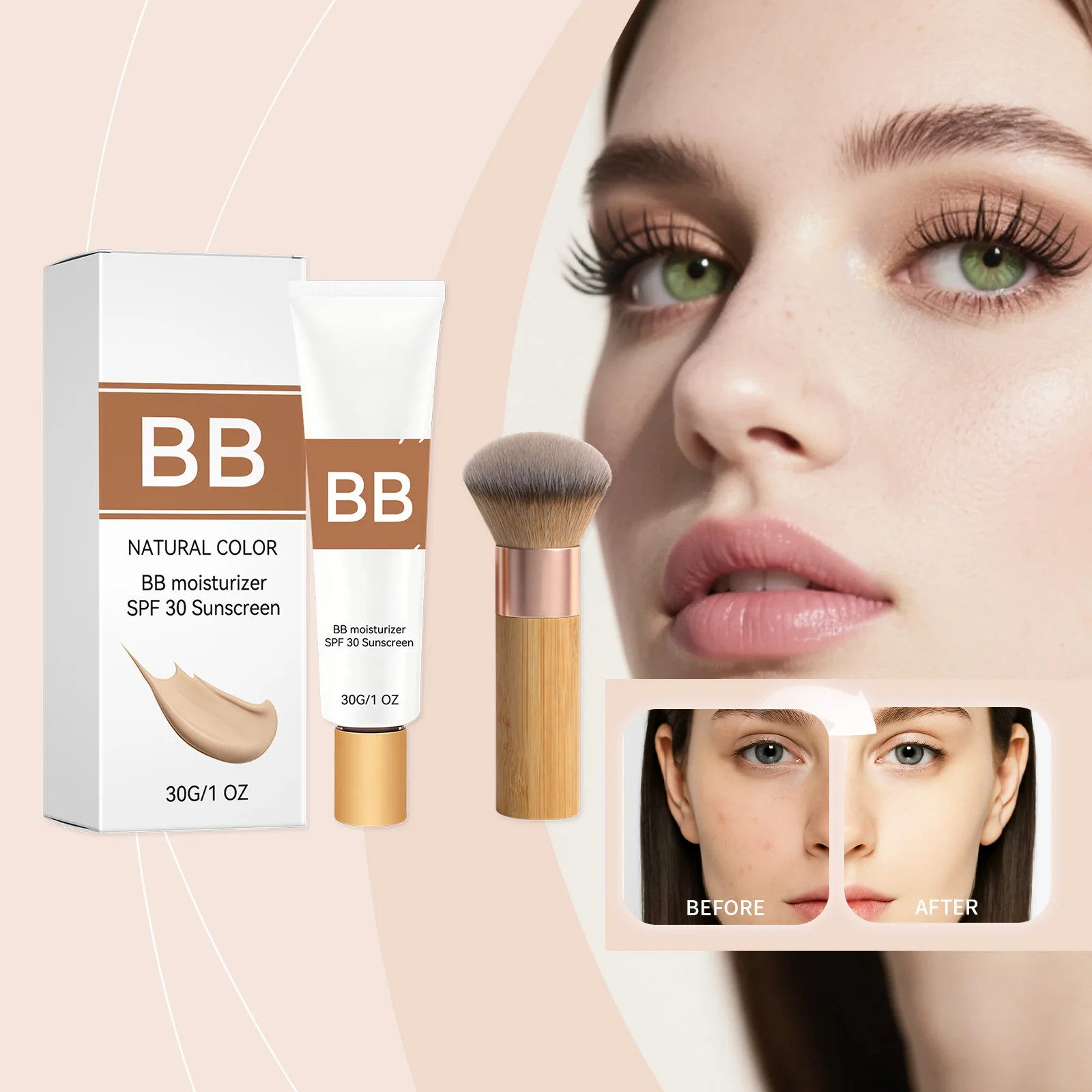 Crema Hidratante con Color SPF 30, BB Cream con Ácido Hialurónico, Tinte Hidratante para la Piel, Base de Maquillaje con Brillo Natural y Brocha Ecológica para el Rostro