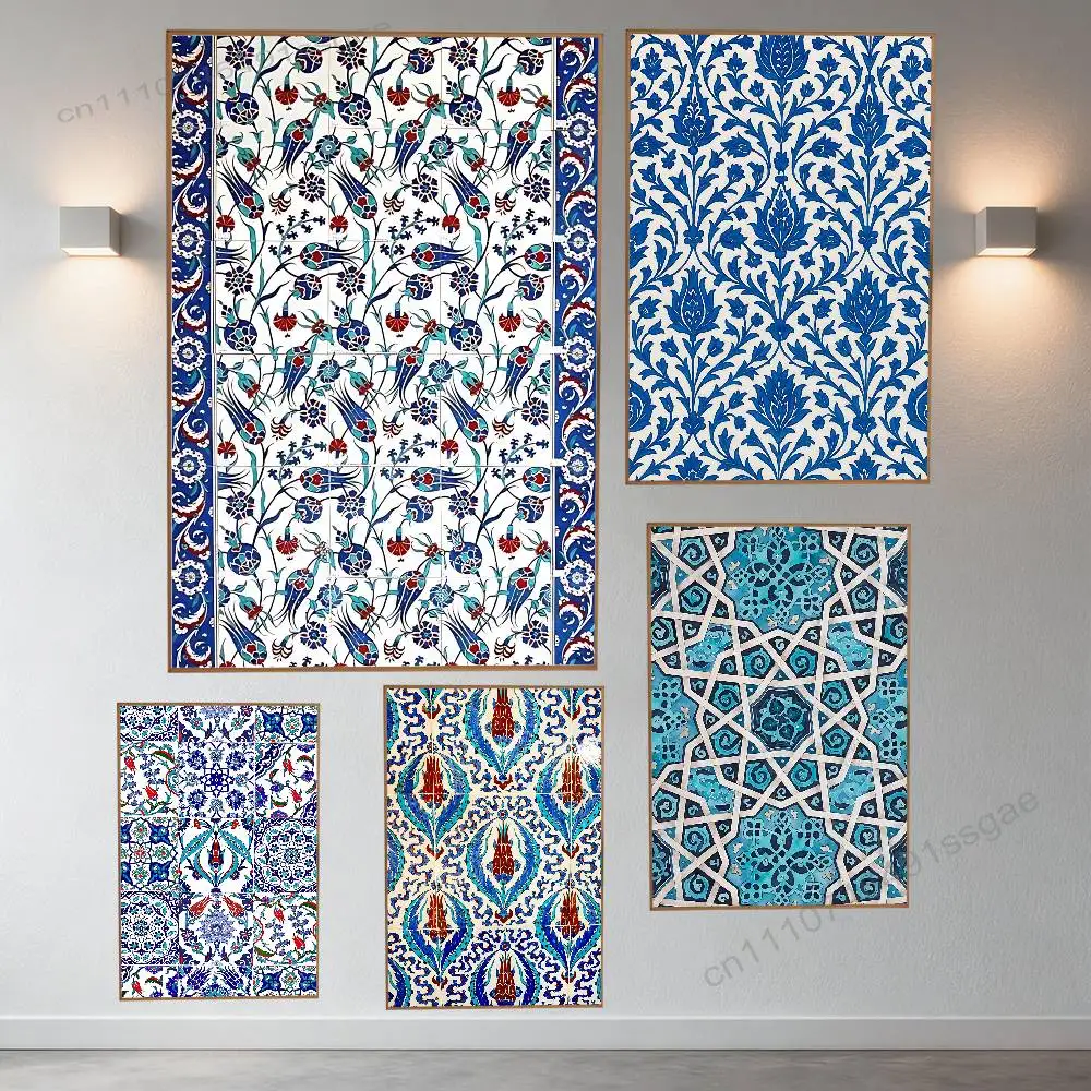 

Art I-Iznik Tile Patterns Poster Retro Paper Sticker DIY Room Bar Cafe Aesthetic Art Wall Painting