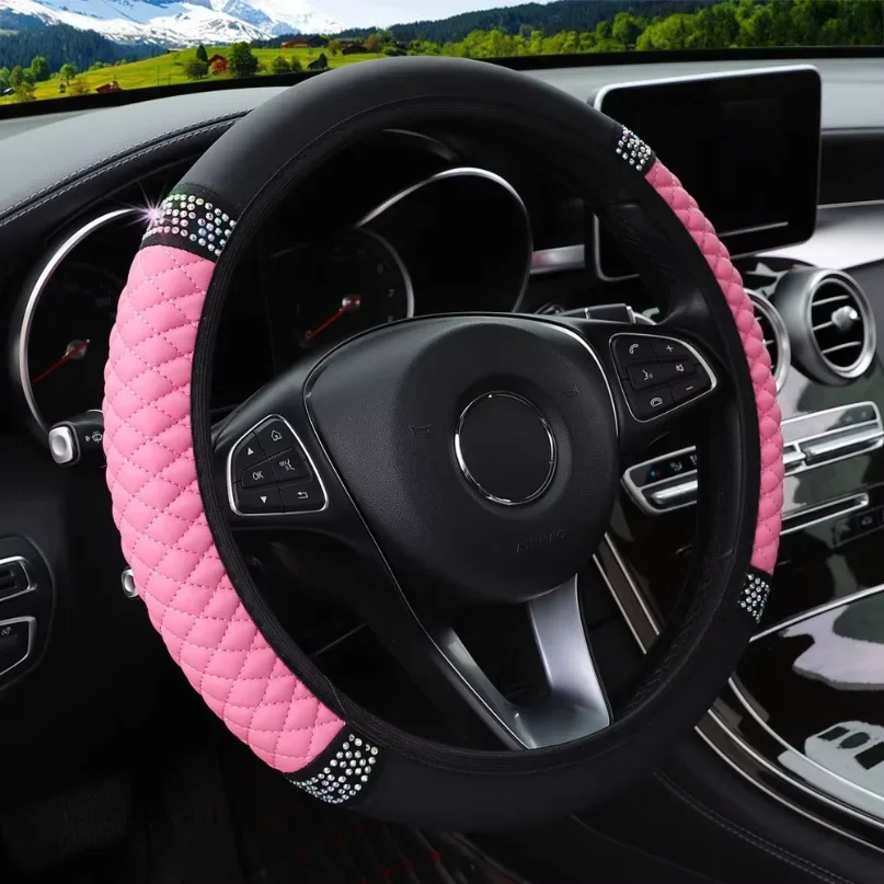 Funda para Volante de Coche sin Anillo Interior, 37-38cm, Cuero Tridimensional Bordado con Diamantes de Colores, Transpirable
