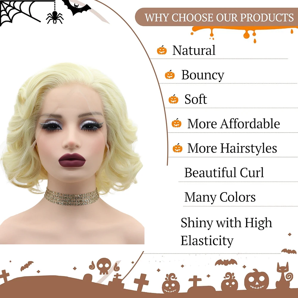 Hochwertige 13×4 3×3 vordere Spitzenperücke Monroe Cosplay Kunsthaar für Halloween Tägliche Party 14 Zoll kurzes lockiges Haar Natur