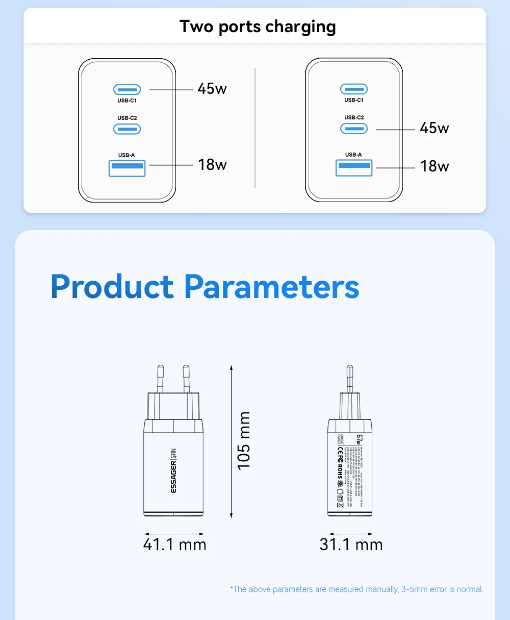 Essager 67 W GaN USB-C Ladegerät PD 3.0 QC 3.0 Schnellladung für iPhone 16 15 Pro Max Xiaomi Samsung Huawei Mate 70 Laptops Ladegeräte – Detail 9