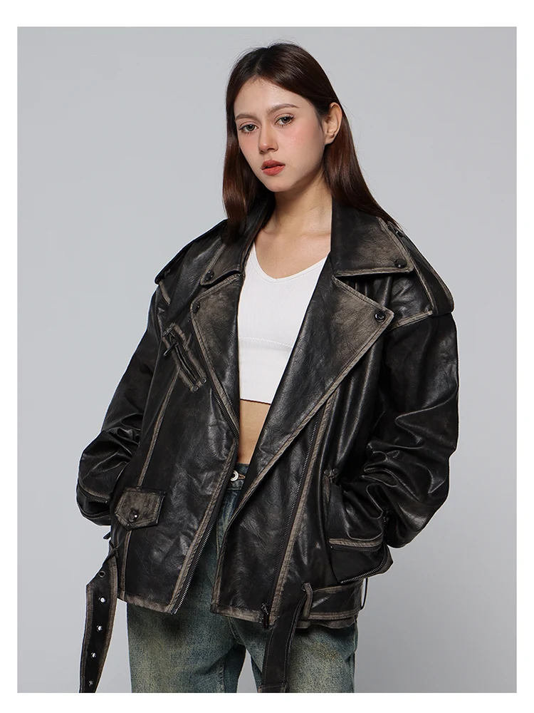 Mauroicardi Spring Cool Handsome Vintage Distressed Black Pu Leather Biker Jacket Men Belt Zipper Loose Unisex Clothes 2024 17 S938b6ba3c3dd44779e25453dea836ab7X