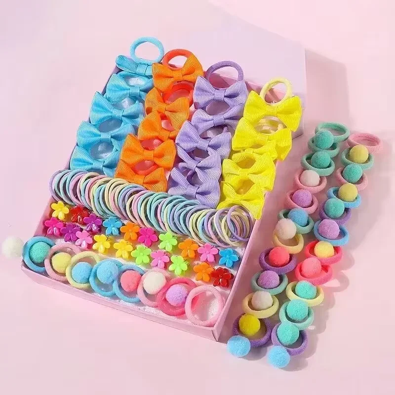 120PCS Hair Accessories Set For Girls Colorful Bowknot Hair Band Children Ponytail Holder Hair Ties Kids Elastic Rubber Bands