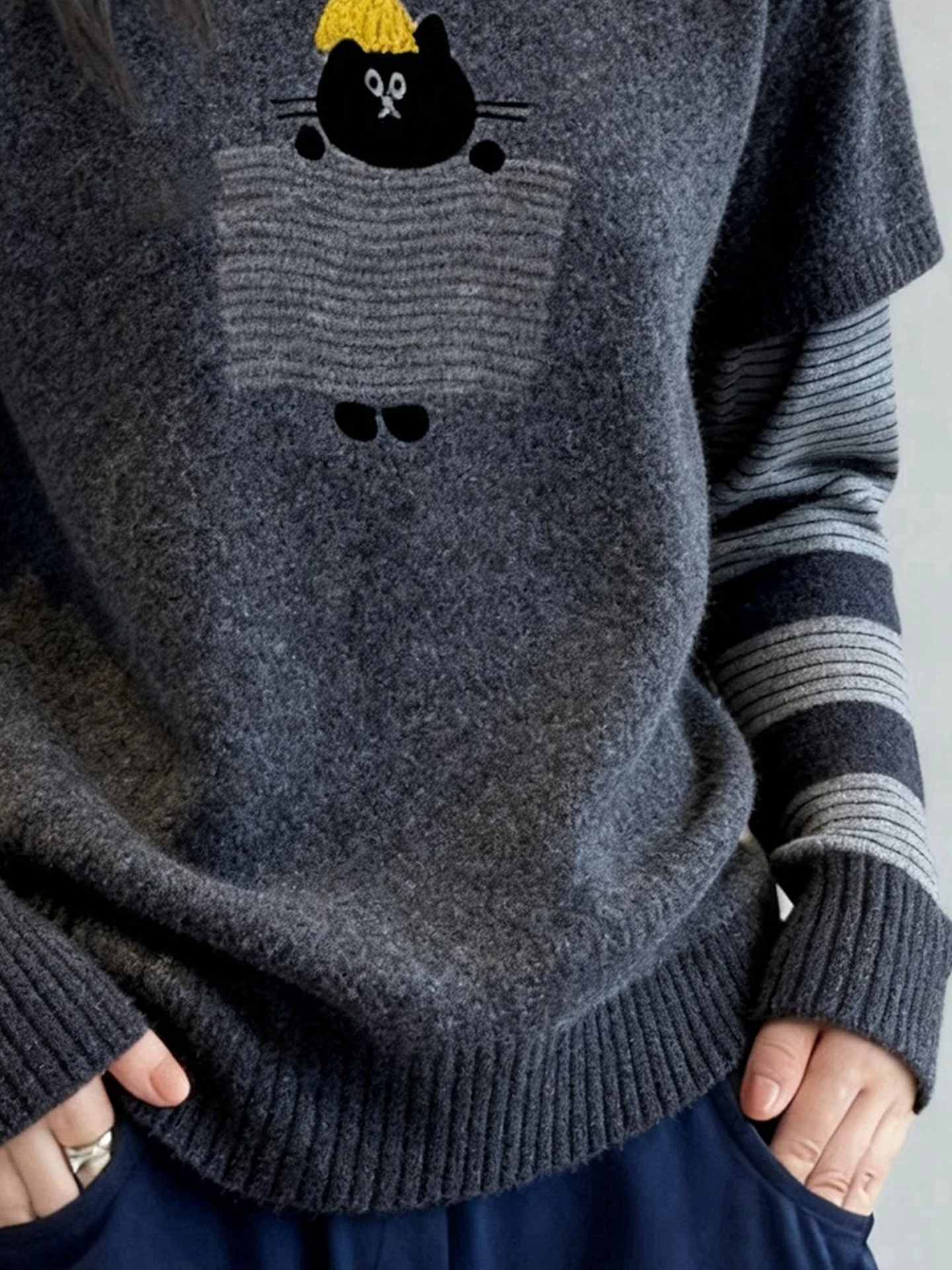 เสื้อสเวตเตอร์ไหมพรมทรงเกาหลี แขนยาว ดีไซน์สองชิ้นหลอกๆ สำหรับผู้หญิง เรียบง่าย ช่วยให้ดูผอมเพรียว เหมาะสำหรับใส่ไปทำงานในฤดูหนาว