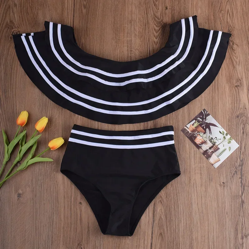 TEELYNN black striped 2024 women bikini set two pieces sexy off shoulder ruffles high waist bathing suits summer beach swimsuits