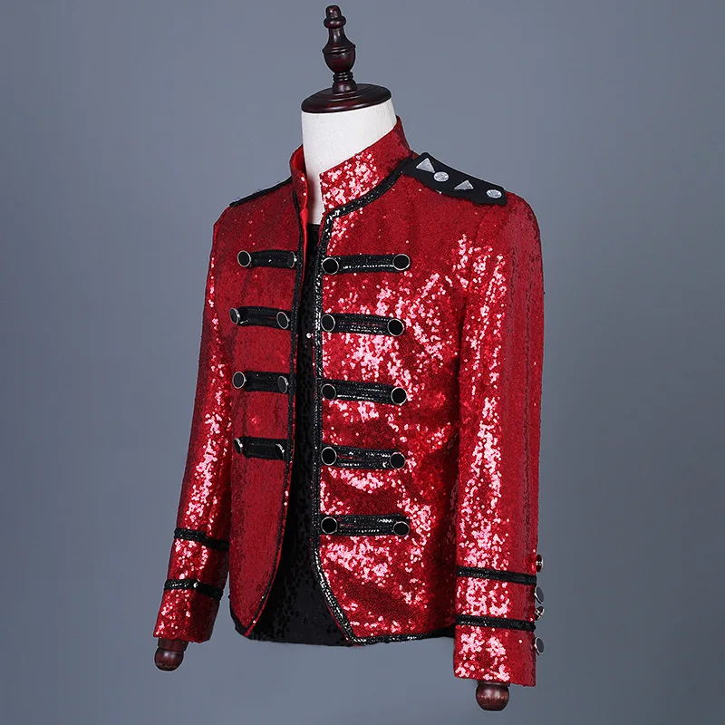 Men\'s Red Sequin Steampunk Military Jacket Double Breasted Punk Gothic Parade Suit Jacket Men Party Singer Show Prom Costume