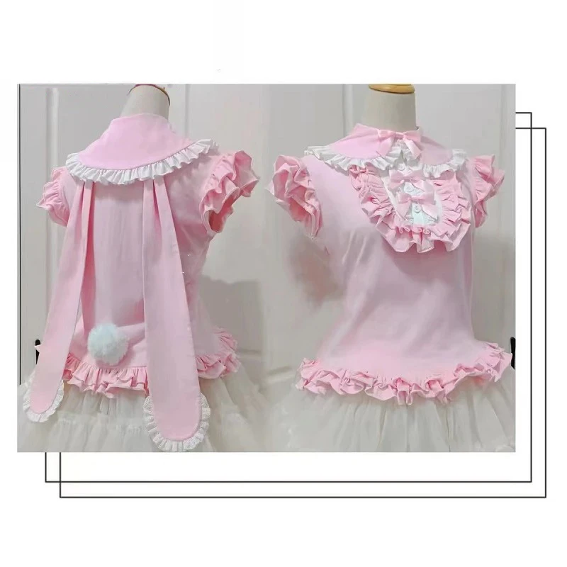 2025 Harajuku Sweet Lolita T Shirt Bunny Ear Tees Y2k Aesthetic Grunge Black Pink Bow Lace Patchwork Girls Japanese Cute Tops